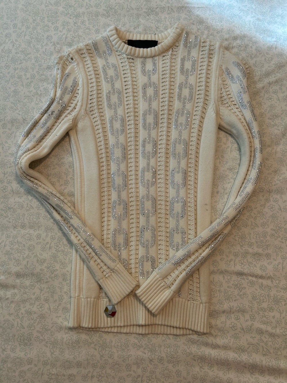 Philipp Plein Cream Knit Sweater with Silver Rhinestone Detail